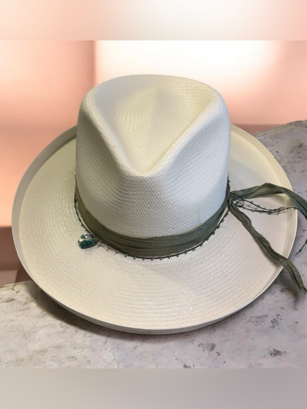 Stetson White Straw Fedora with Olive Band and Charm